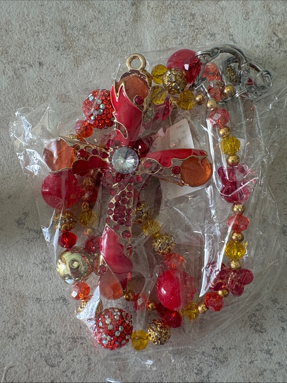 Red and Gold Cross Pendant Beaded Necklace